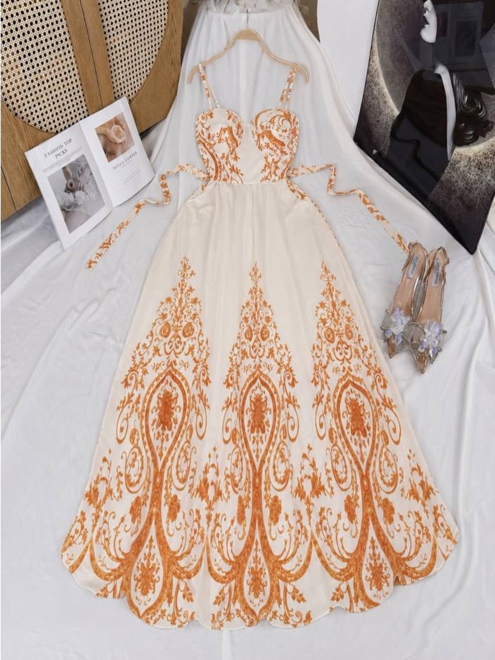 Ivory Maxi Dress with Orange Floral Scroll Print